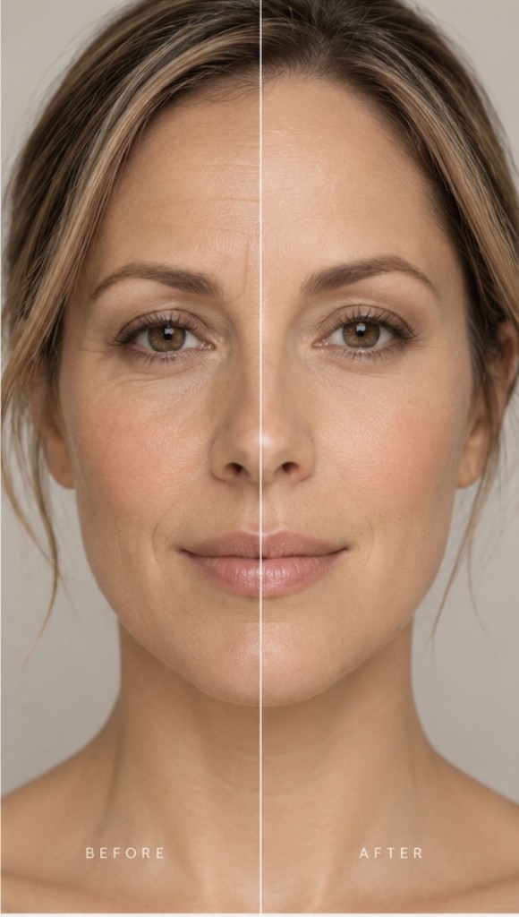 Illustrative before-and-after comparison of a woman’s face, split down the middle. Not a patient result.